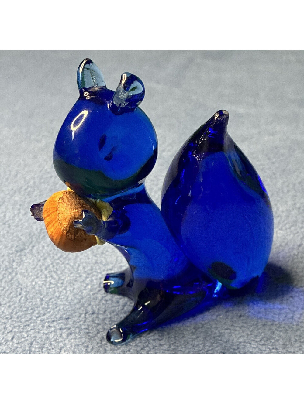 Blue & Amber Art Glass Squirrel Figurine Holding Nut Decorative Animal-0072